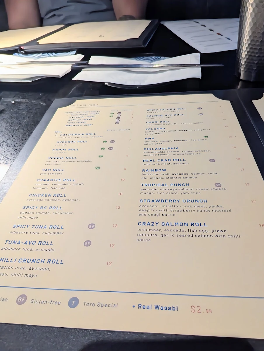 Menu, TORO Japanese Sushi