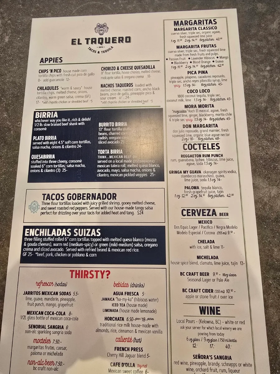 Menu, El Taquero - Tacos, Tequila & Catering