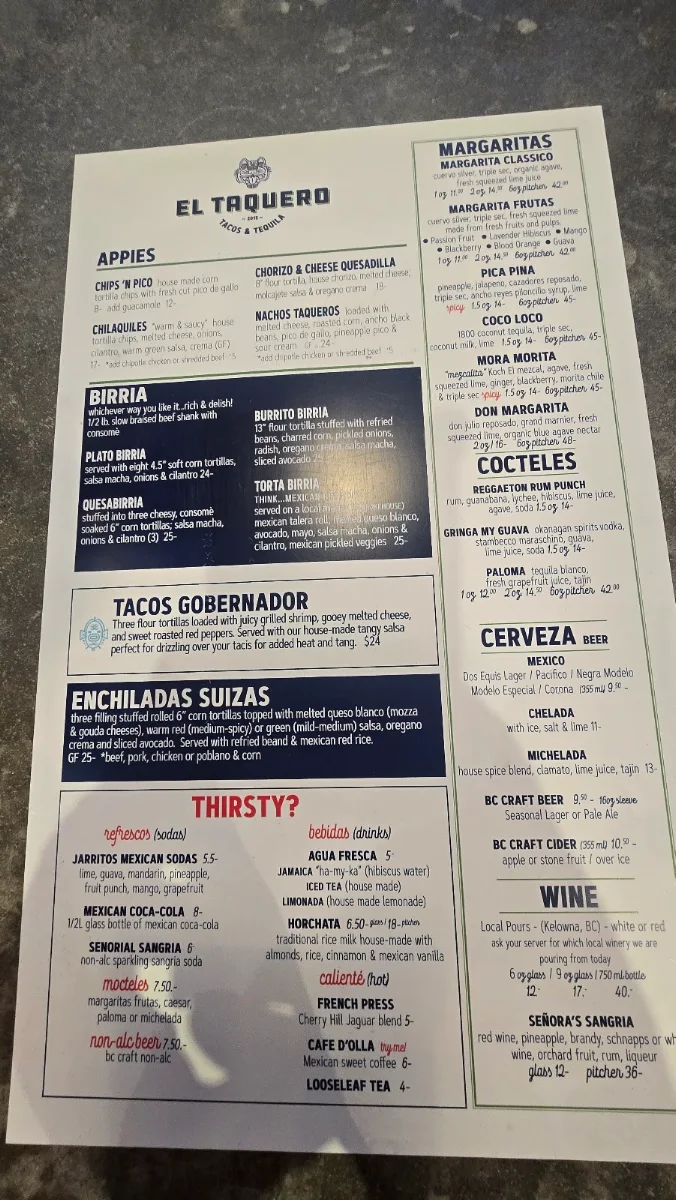 Menu, El Taquero - Tacos, Tequila & Catering
