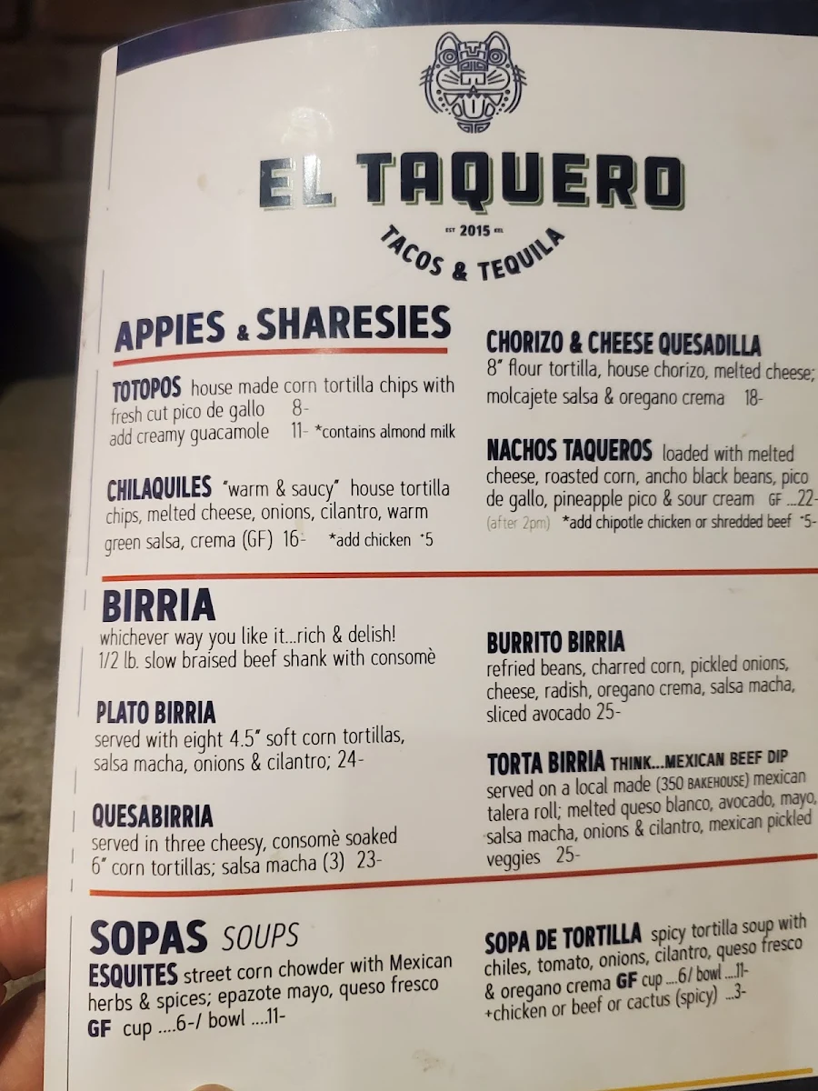 Menu, El Taquero - Tacos, Tequila & Catering