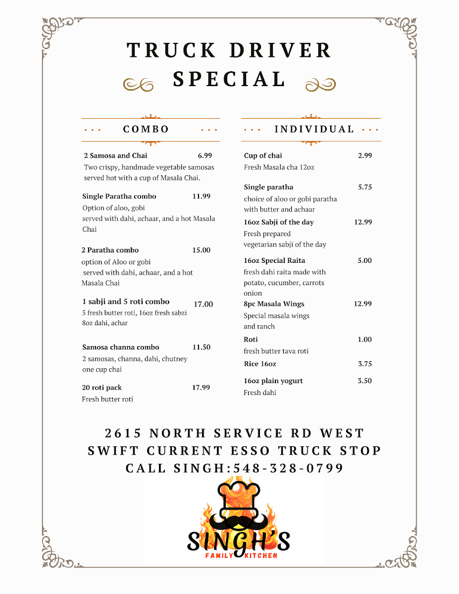 Menu, Singh’s Family Kitchen
