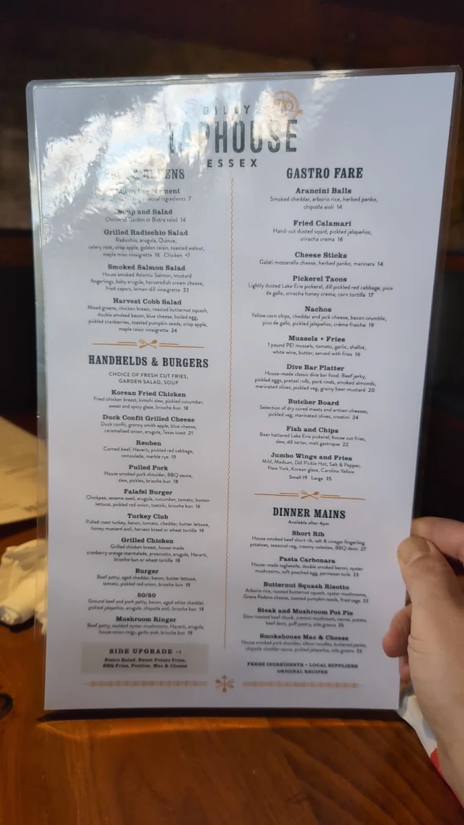 Menu, Billys Taphouse