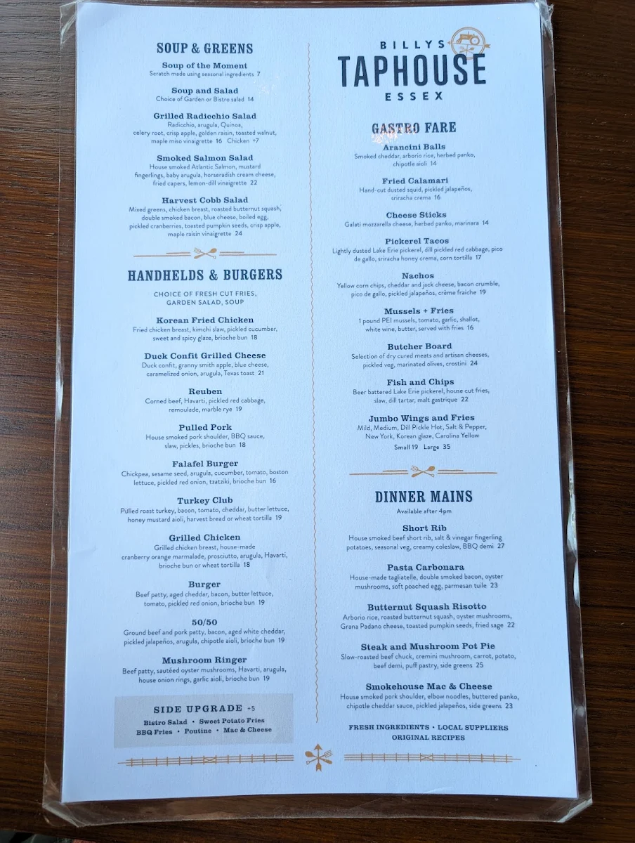 Menu, Billys Taphouse