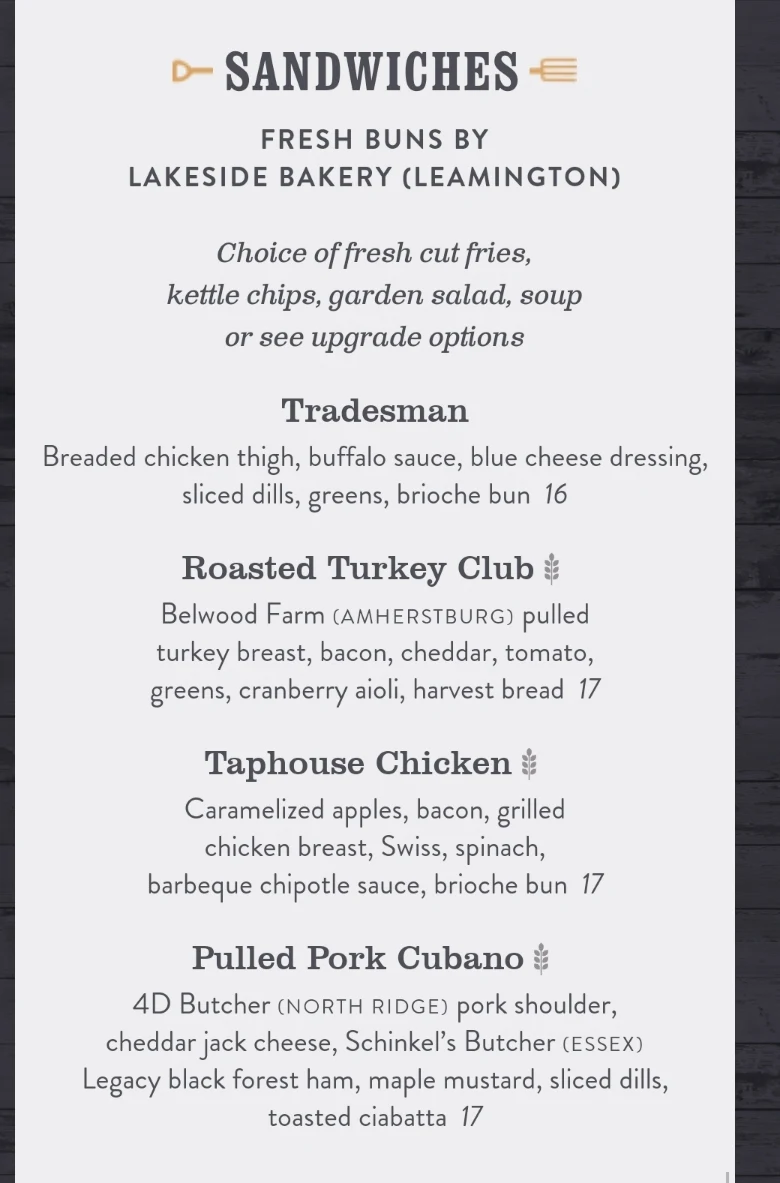 Menu, Billys Taphouse