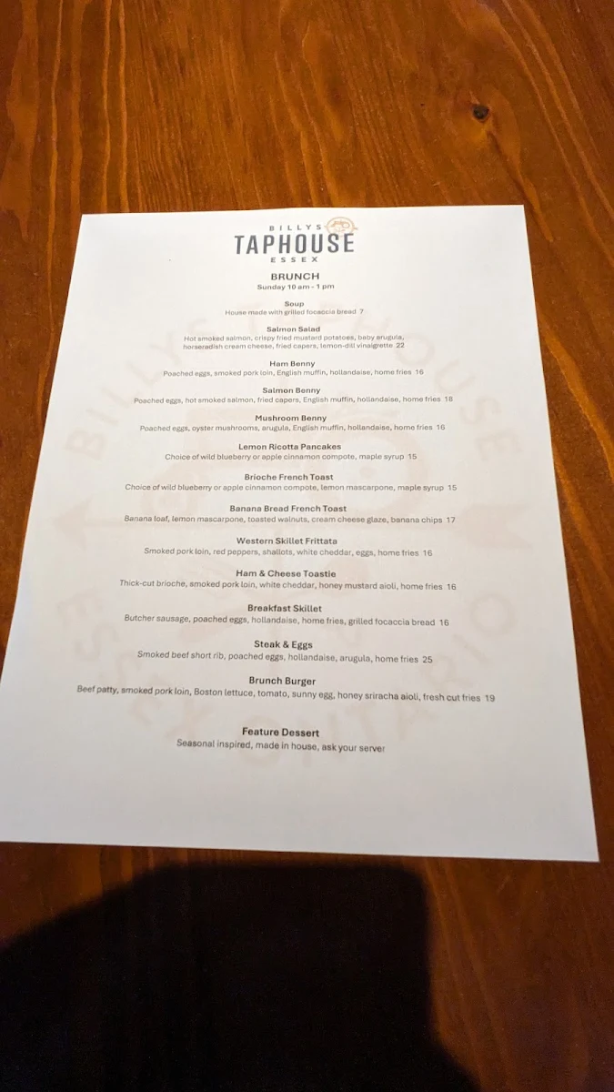Menu, Billys Taphouse