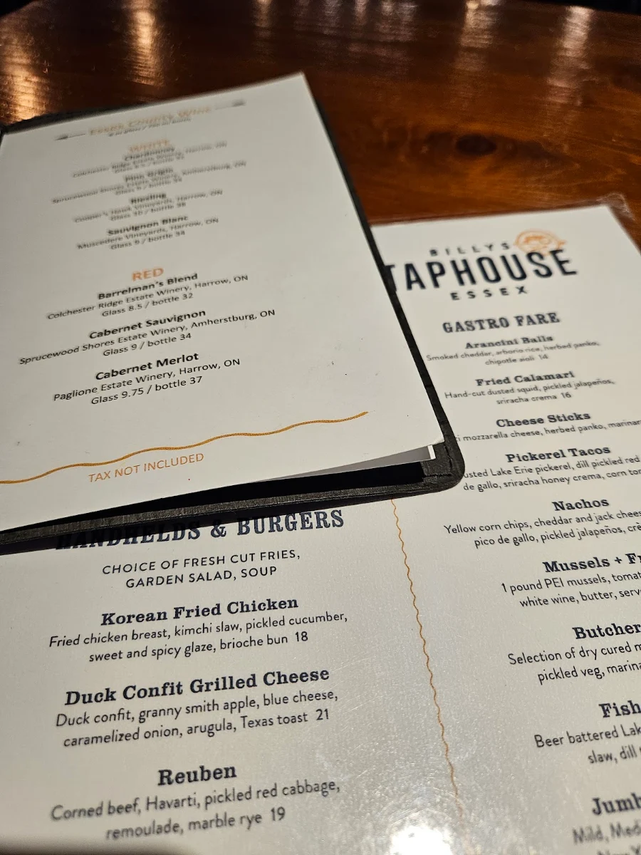 Menu, Billys Taphouse