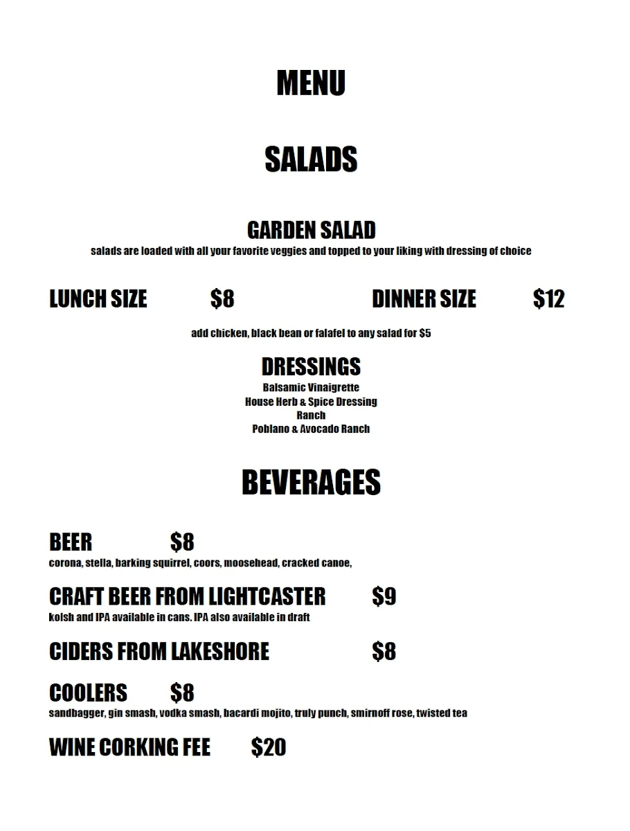 Menu, The Market on Stoney Lake