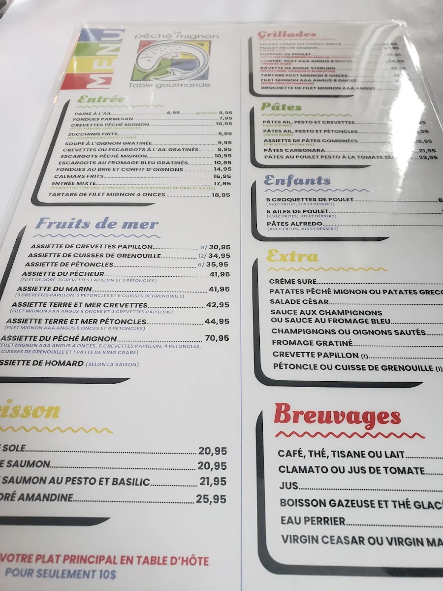 Menu, Restaurant Péche Mignon