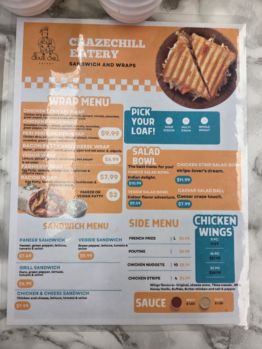 Menu, CrazeChill Eatery