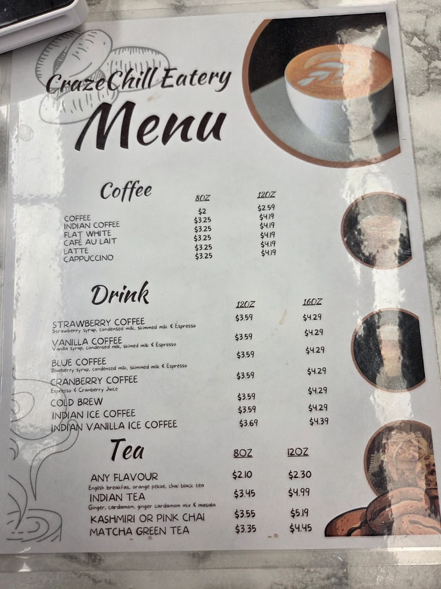 Menu, CrazeChill Eatery