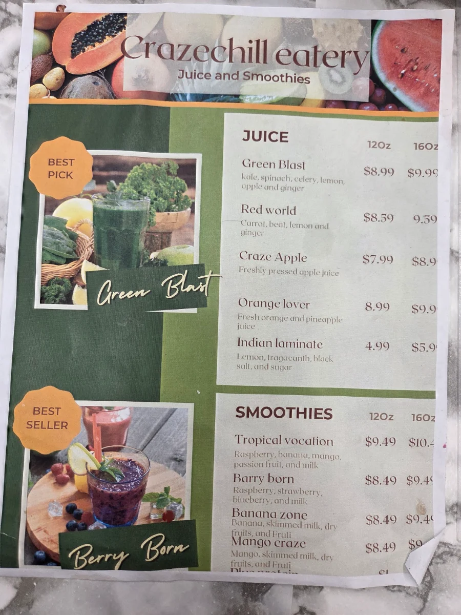 Menu, CrazeChill Eatery