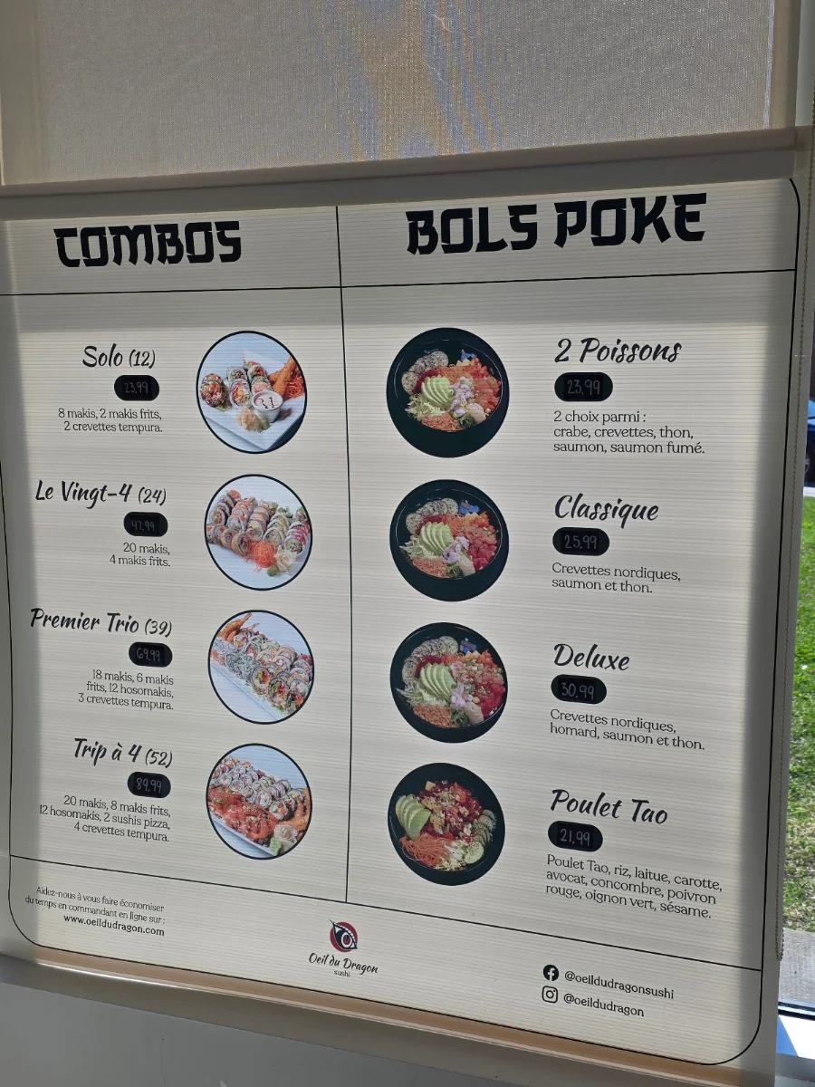 Menu, L'Oeil du Dragon Sushi (Val Bélair)