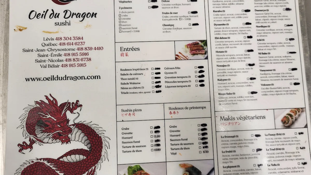 Menu, L'Oeil du Dragon Sushi (Val Bélair)