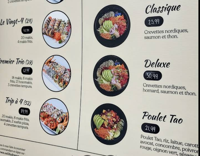 Menu, L'Oeil du Dragon Sushi (Val Bélair)