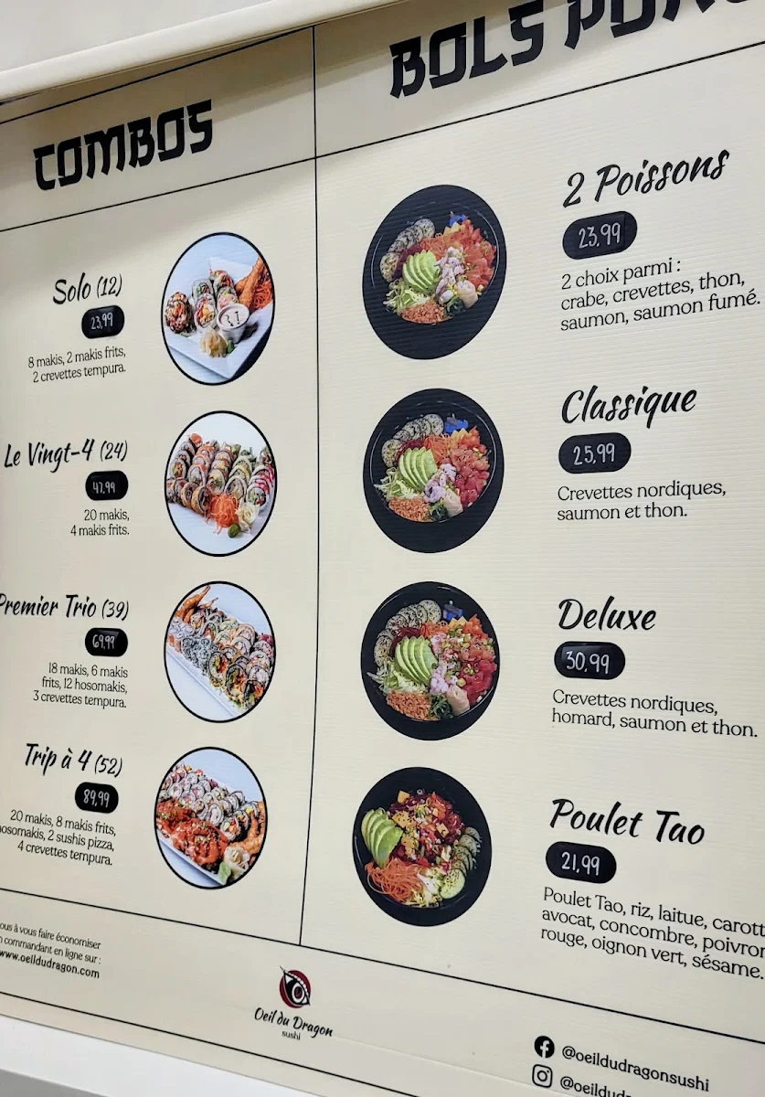 Menu, L'Oeil du Dragon Sushi (Val Bélair)
