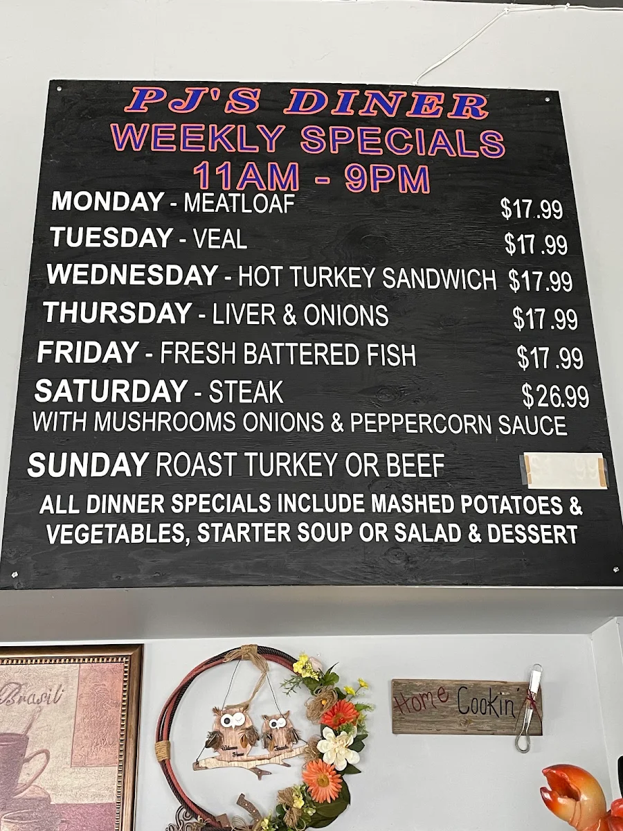 Menu, PJ'S DINER