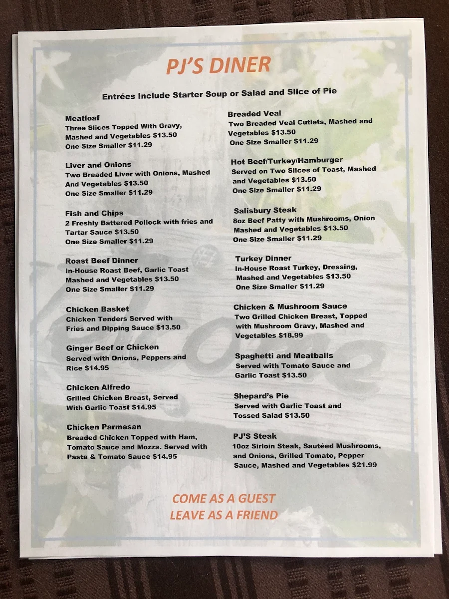 Menu, PJ'S DINER