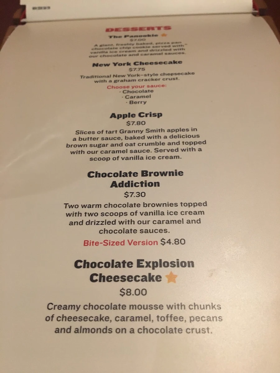 Menu, Boston Pizza