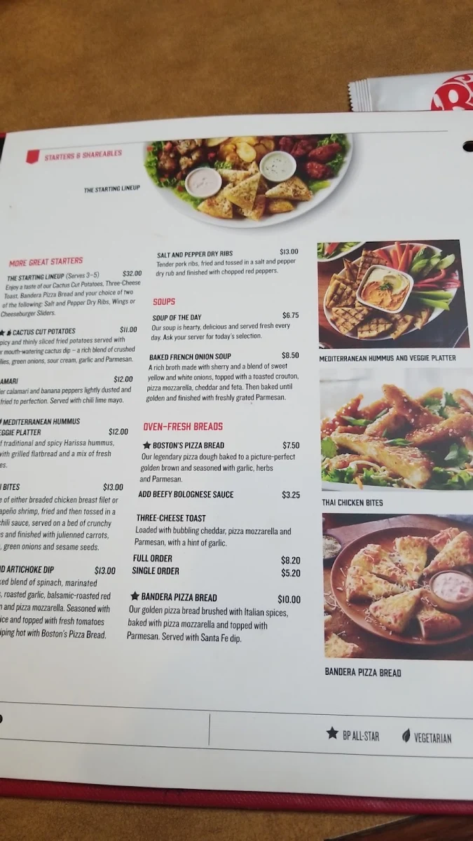 Menu, Boston Pizza
