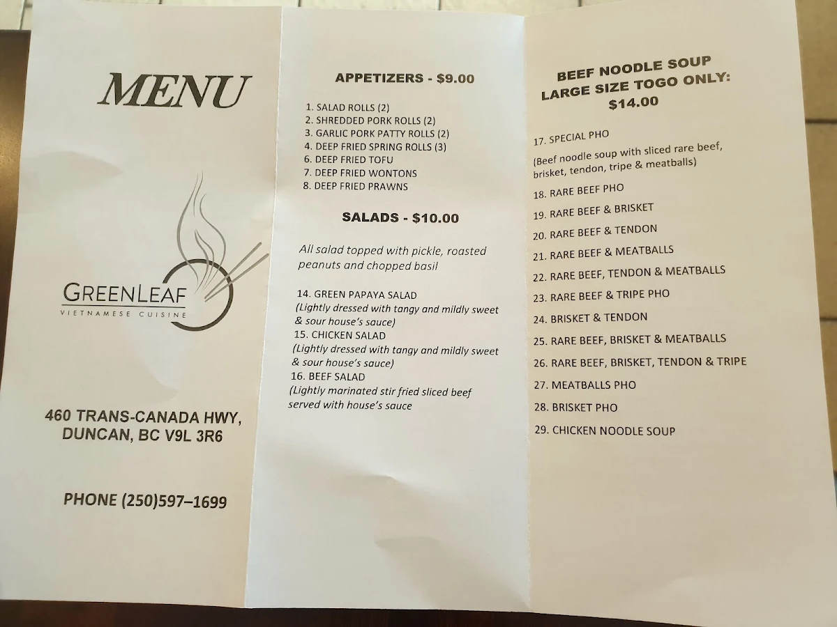 Menu, Green Leaf Bistro