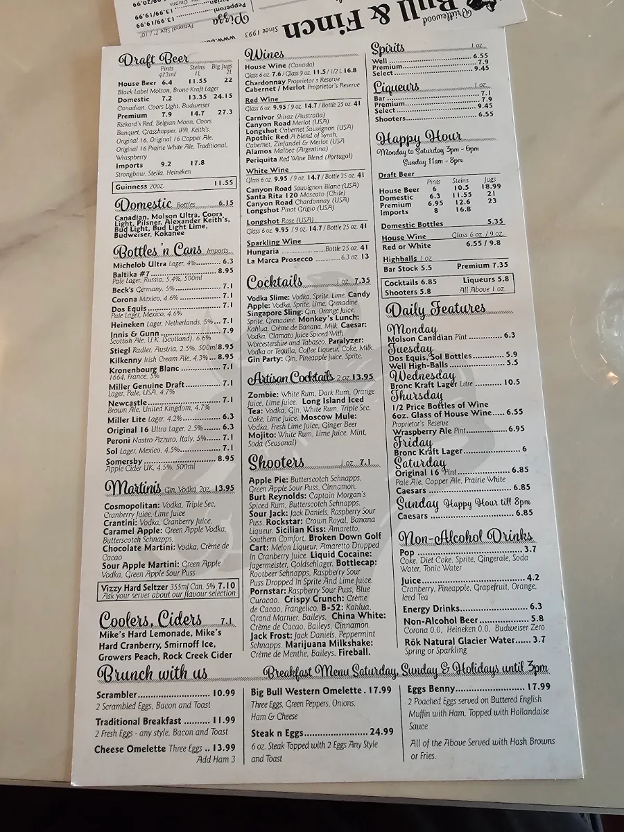 Menu, Bull & Finch