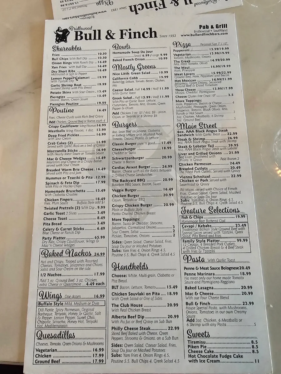 Menu, Bull & Finch