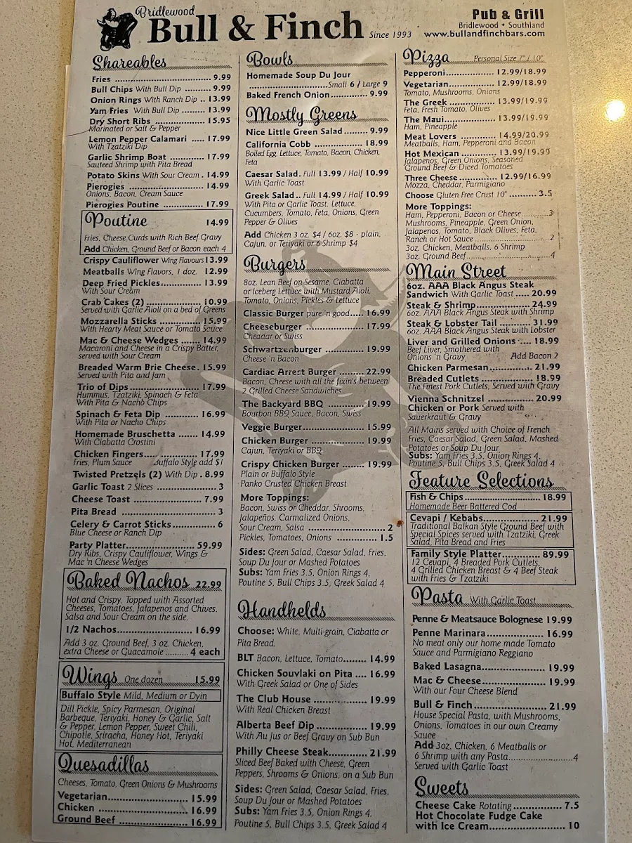 Menu, Bull & Finch