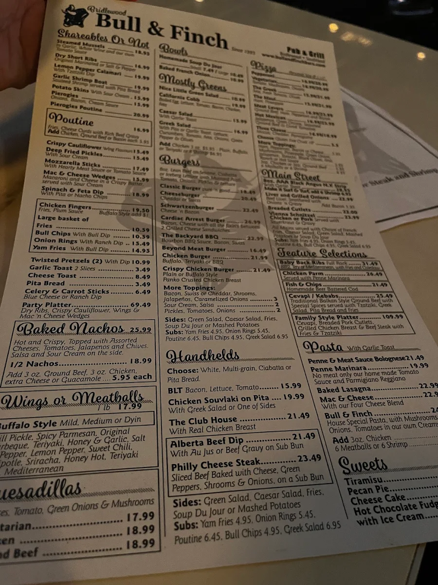 Menu, Bull & Finch
