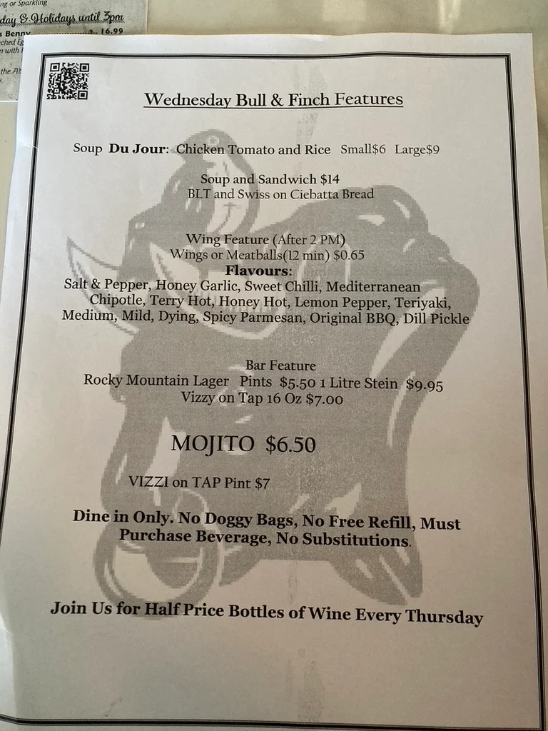 Menu, Bull & Finch