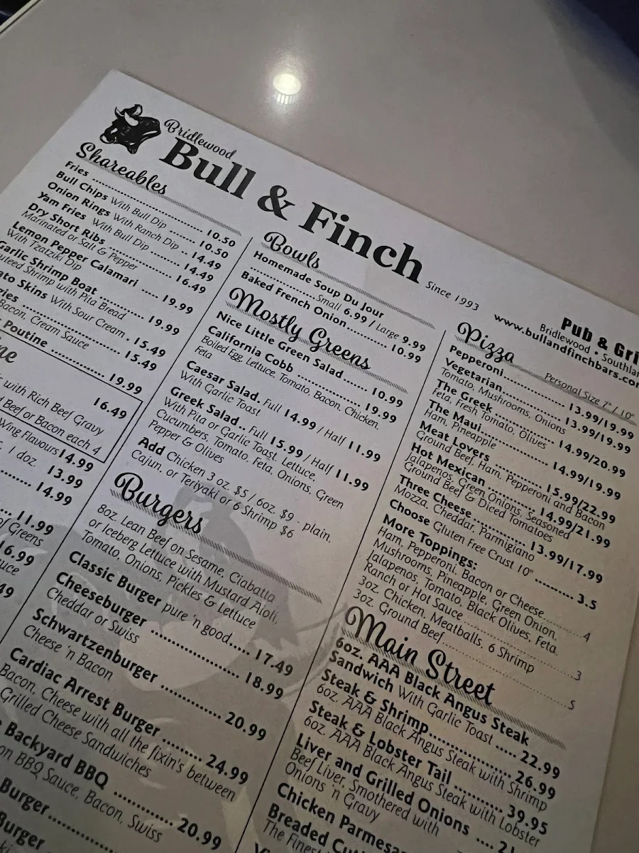 Menu, Bull & Finch