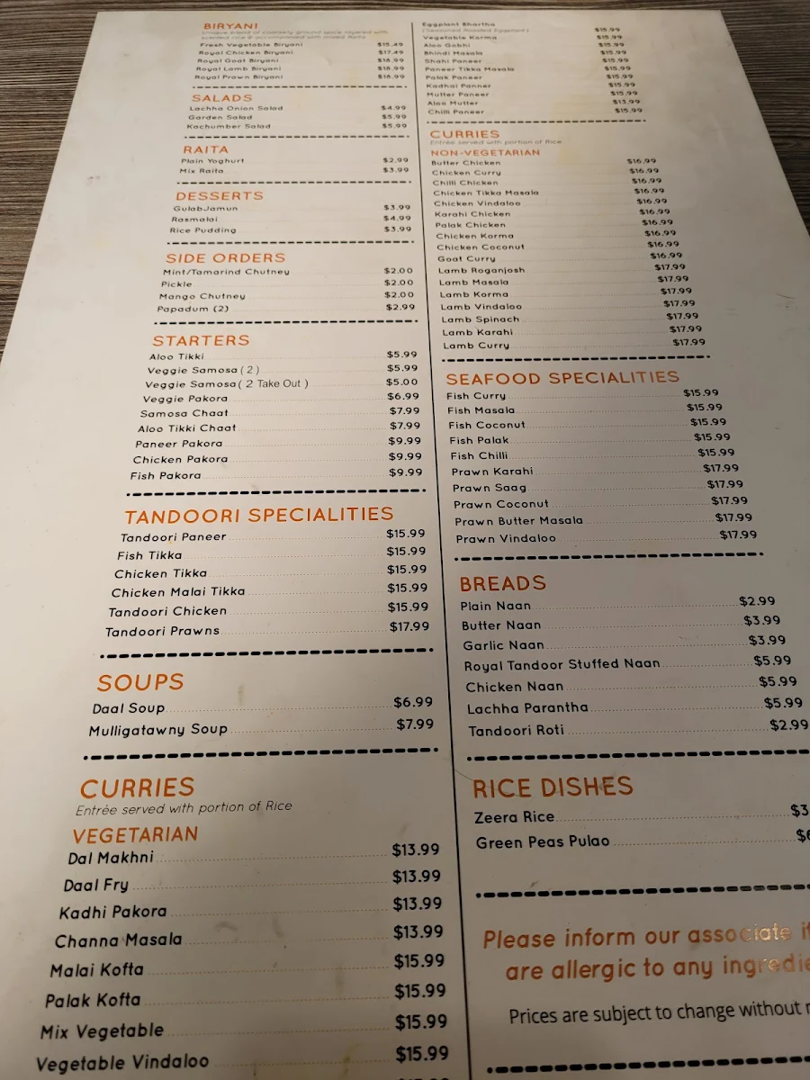Menu, The Royal Tandoor