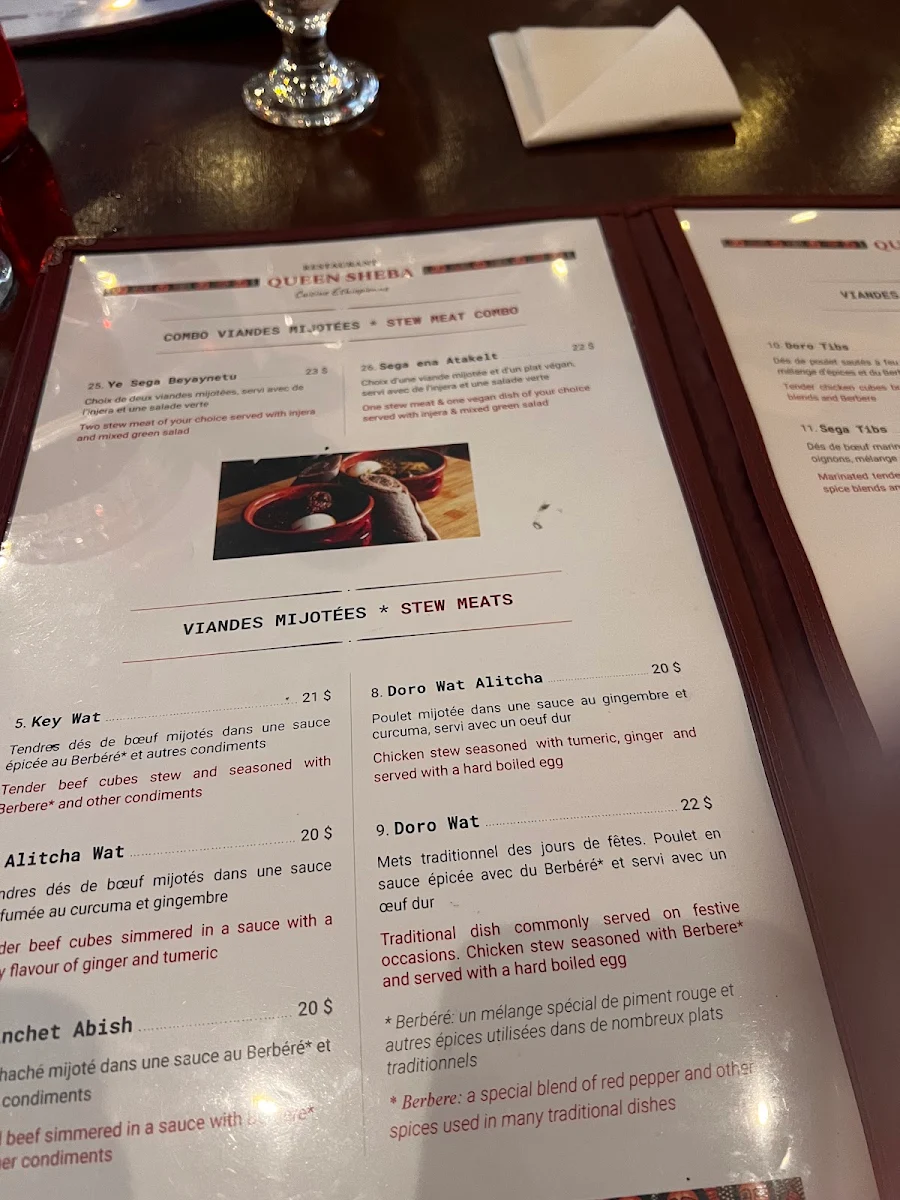 Menu, Restaurant Queen Sheba