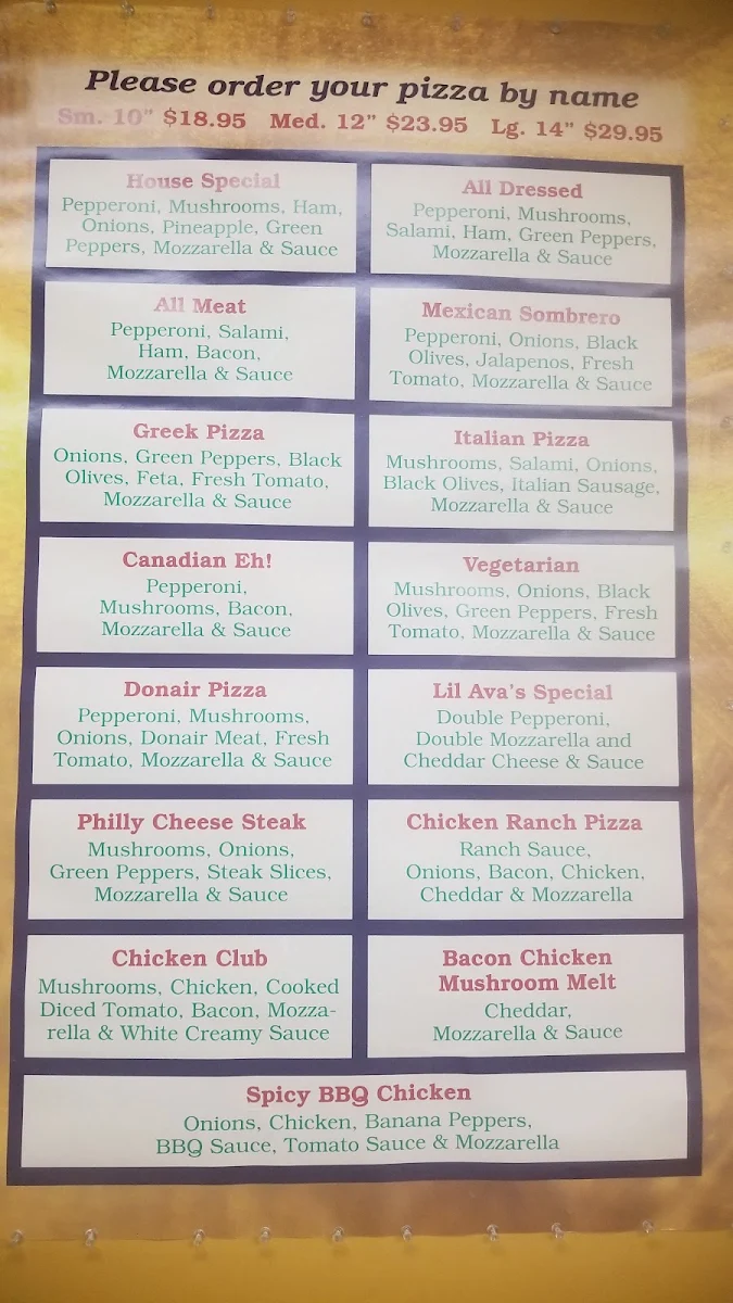 Menu, Lil Ava's Pizza & Pasta - Downtown