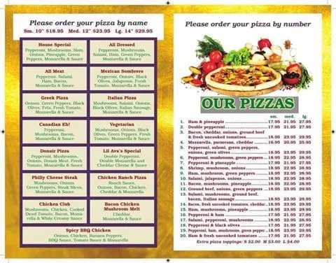 Menu, Lil Ava's Pizza & Pasta - Downtown