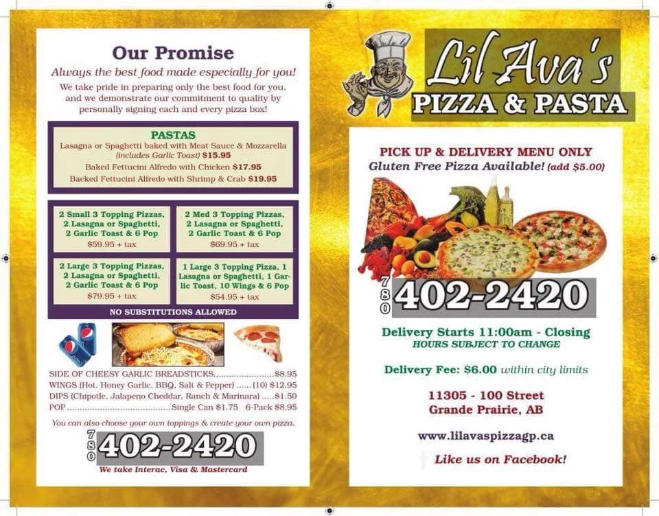 Menu, Lil Ava's Pizza & Pasta - Downtown
