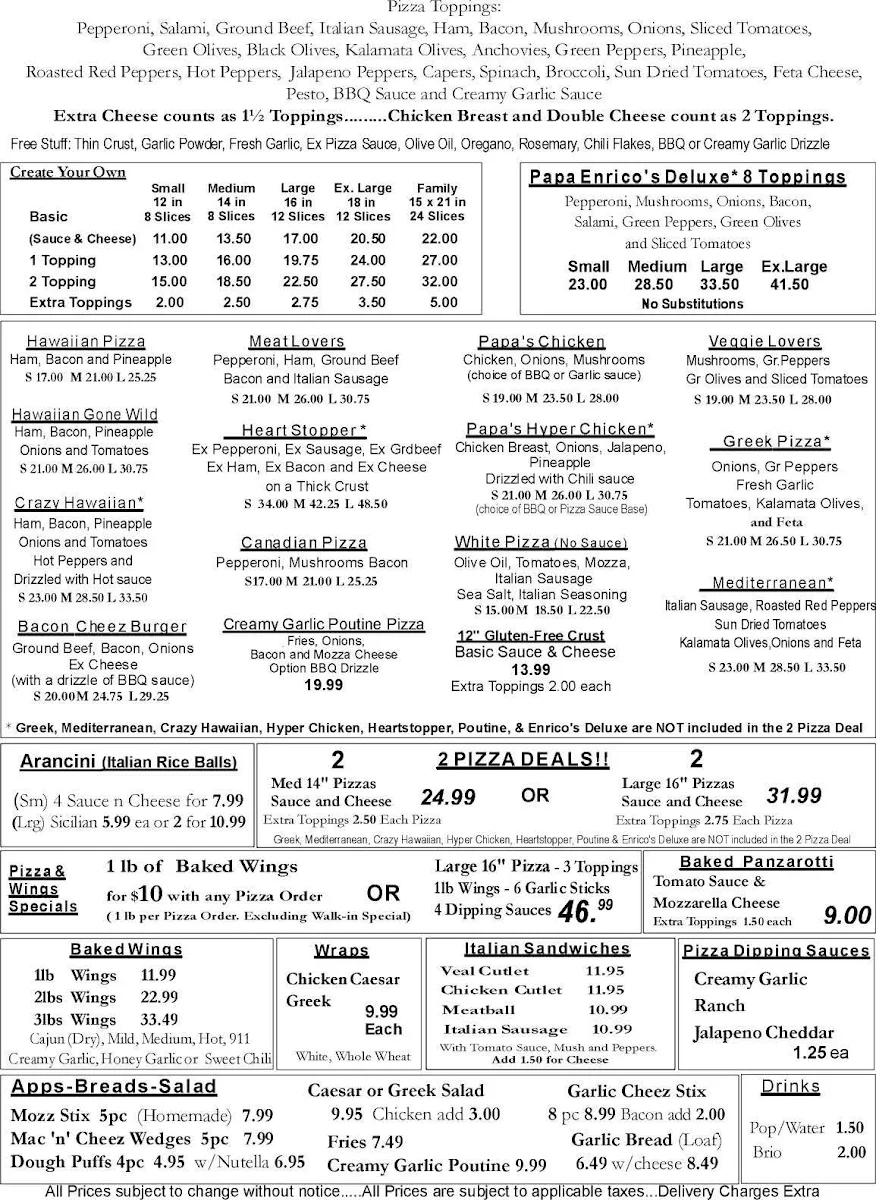 Menu, Papa Enrico's Pizza