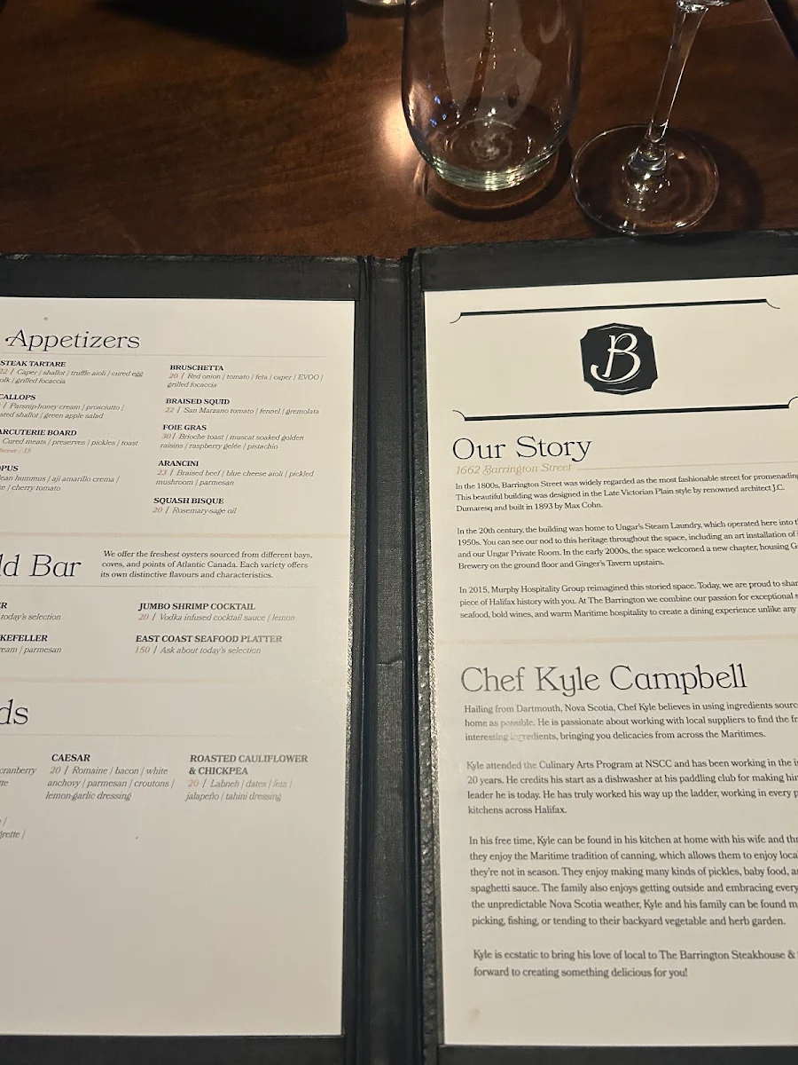Menu, Barrington Steakhouse & Oyster Bar