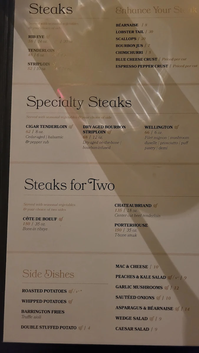 Menu, Barrington Steakhouse & Oyster Bar