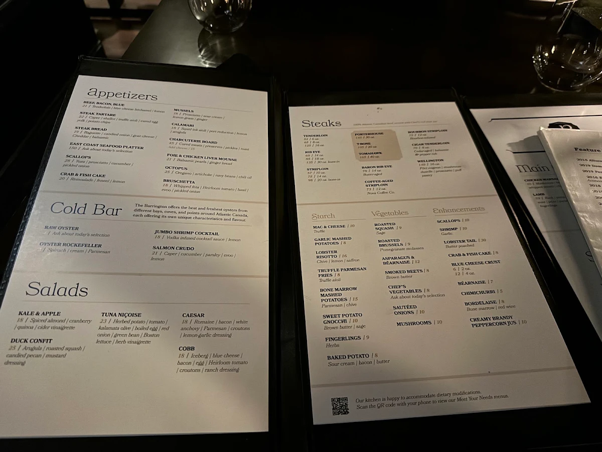 Menu, Barrington Steakhouse & Oyster Bar