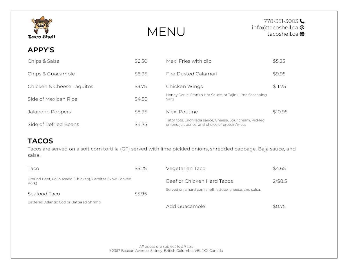 Menu, Taco Shell