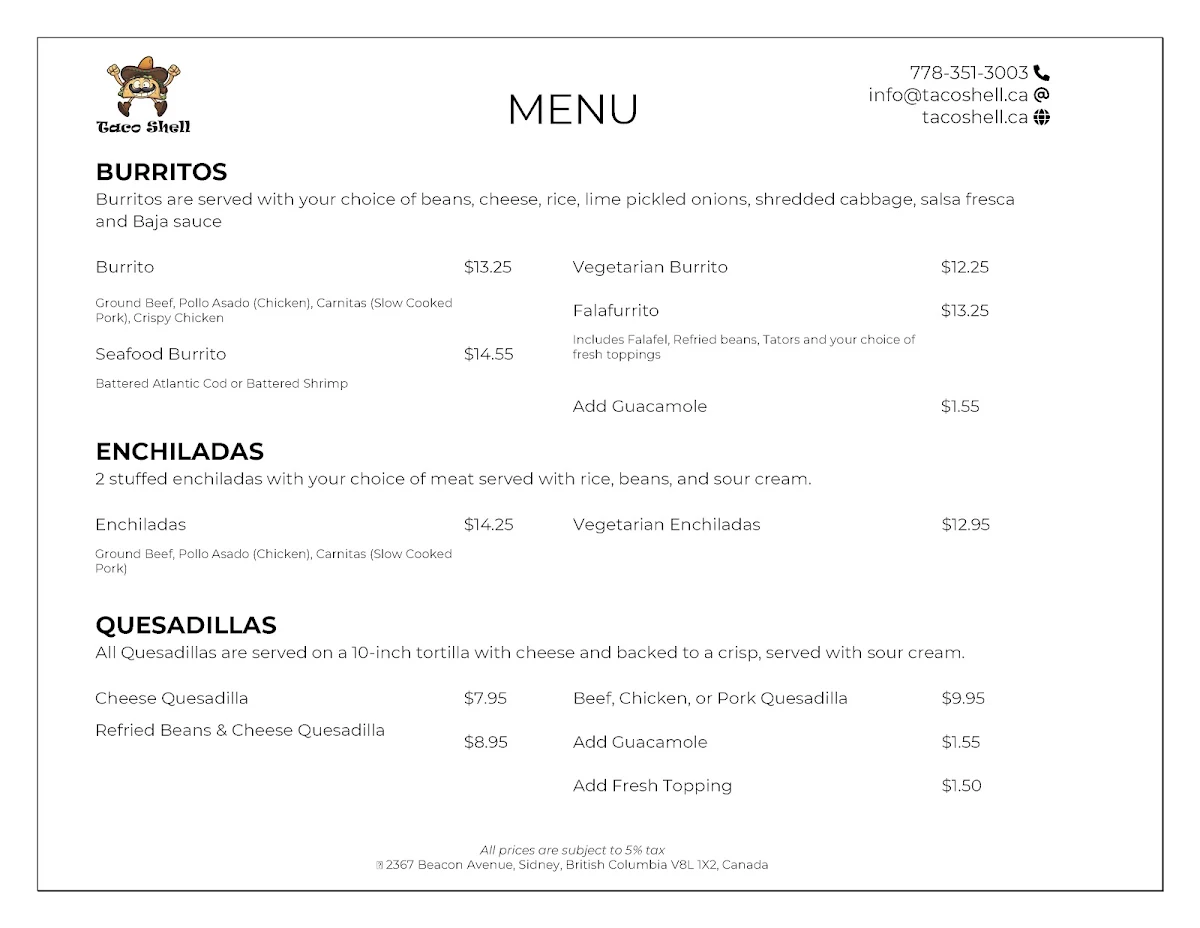 Menu, Taco Shell