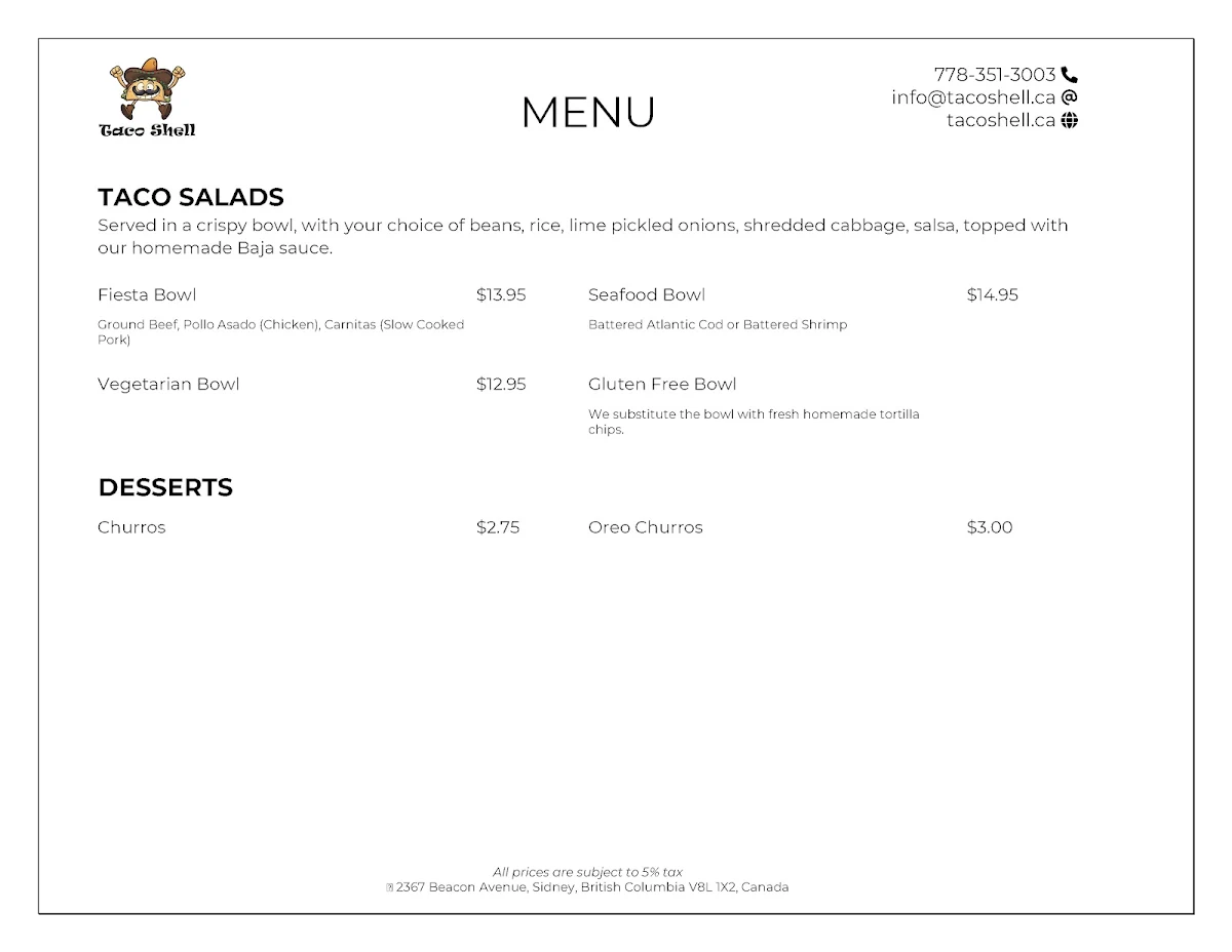 Menu, Taco Shell