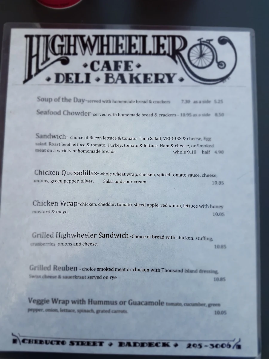 Menu, Highwheeler Cafe & Bakery