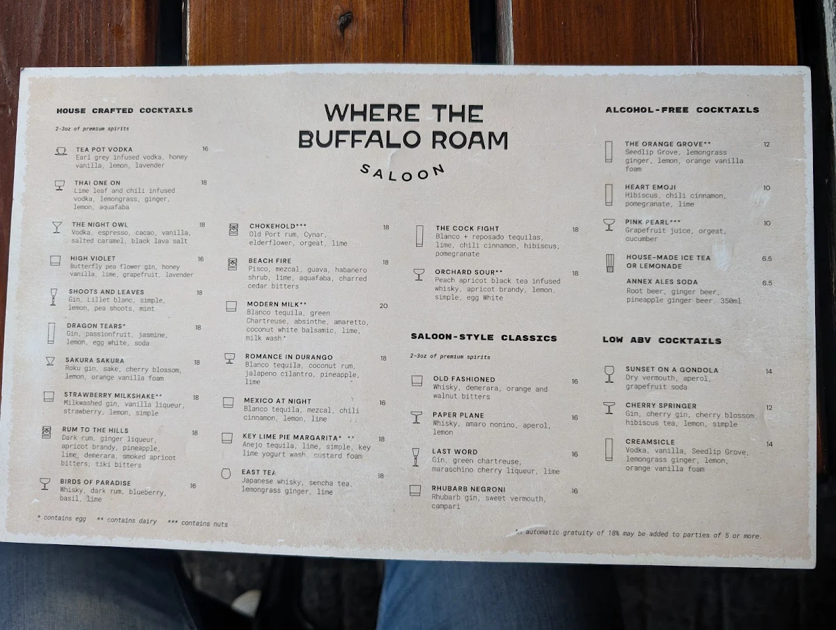 Menu, Where The Buffalo Roam Saloon