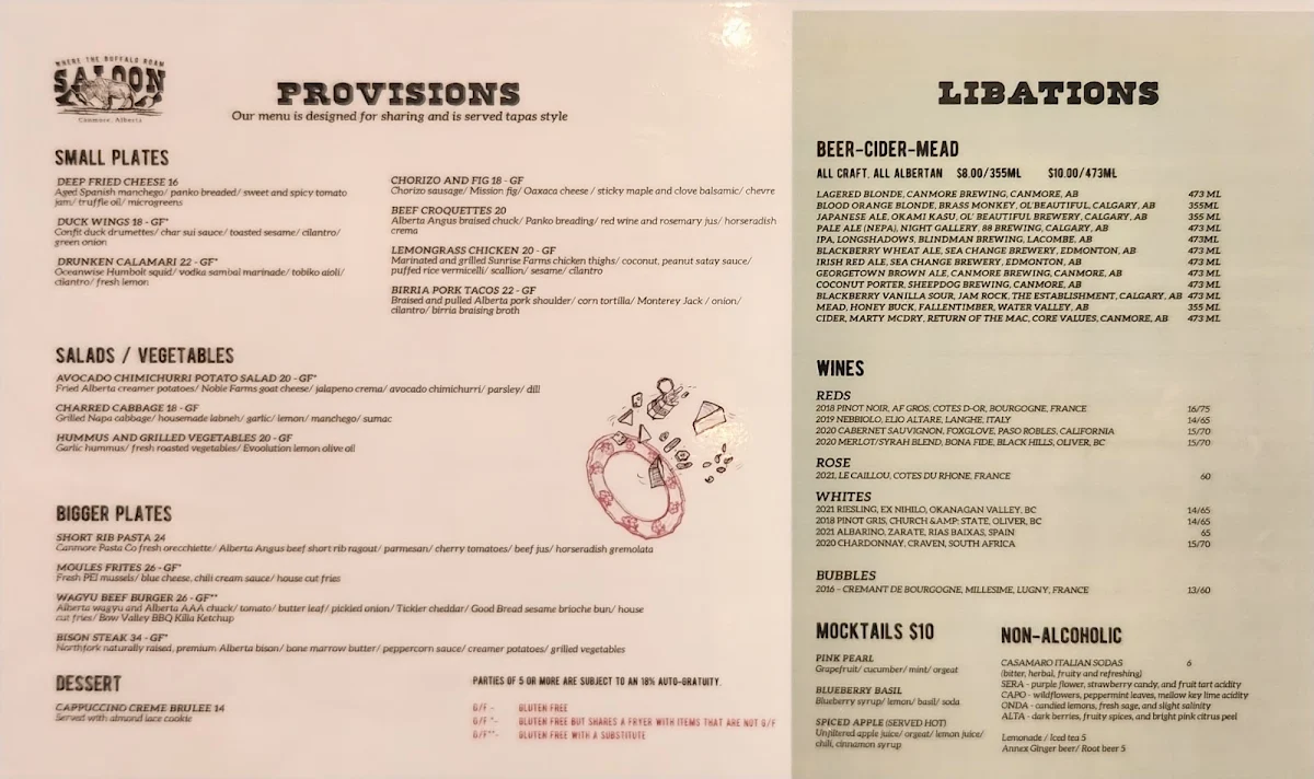 Menu, Where The Buffalo Roam Saloon