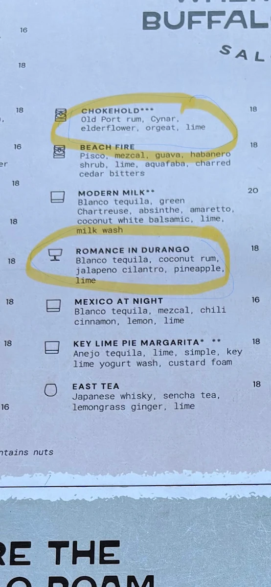 Menu, Where The Buffalo Roam Saloon