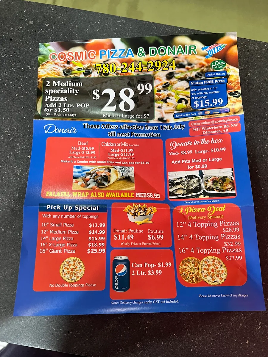 Menu, Cosmic Pizza & Donair winterburn