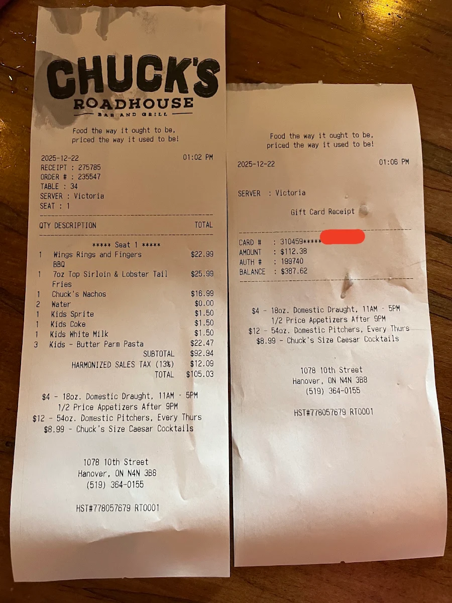 Menu, Chuck's Roadhouse Bar and Grill