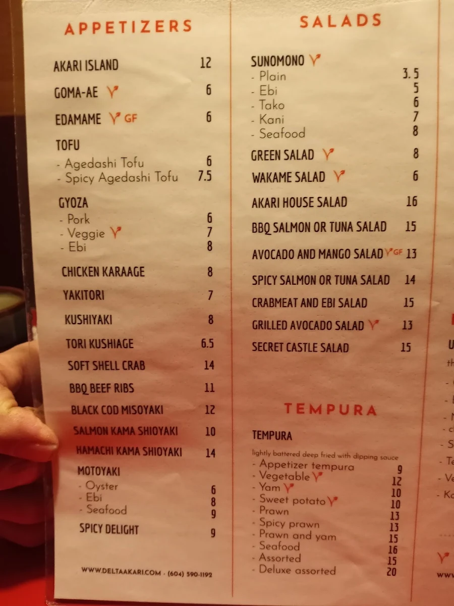 Menu, Akari Japanese Restaurant