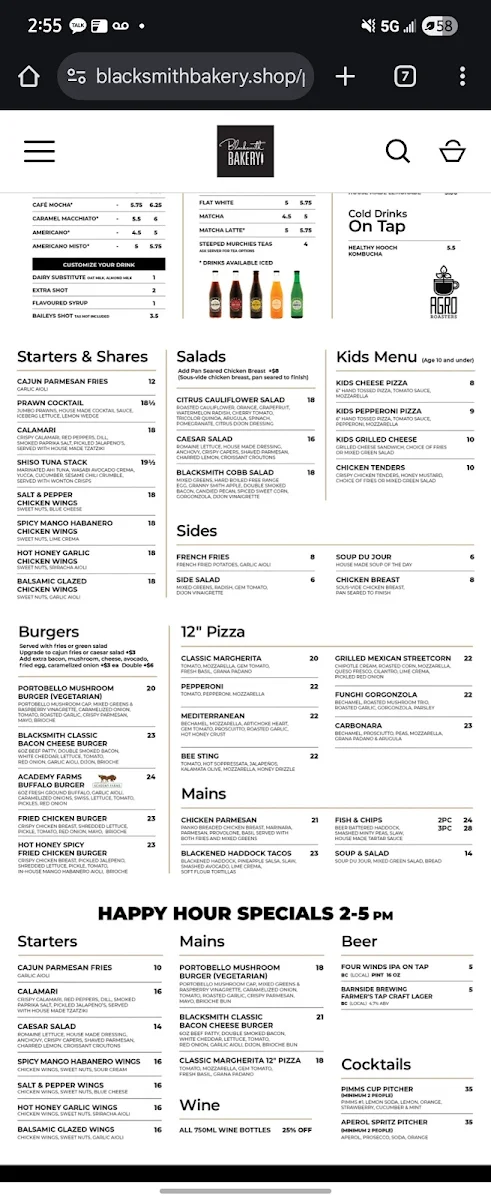 Menu, Blacksmith Bakery